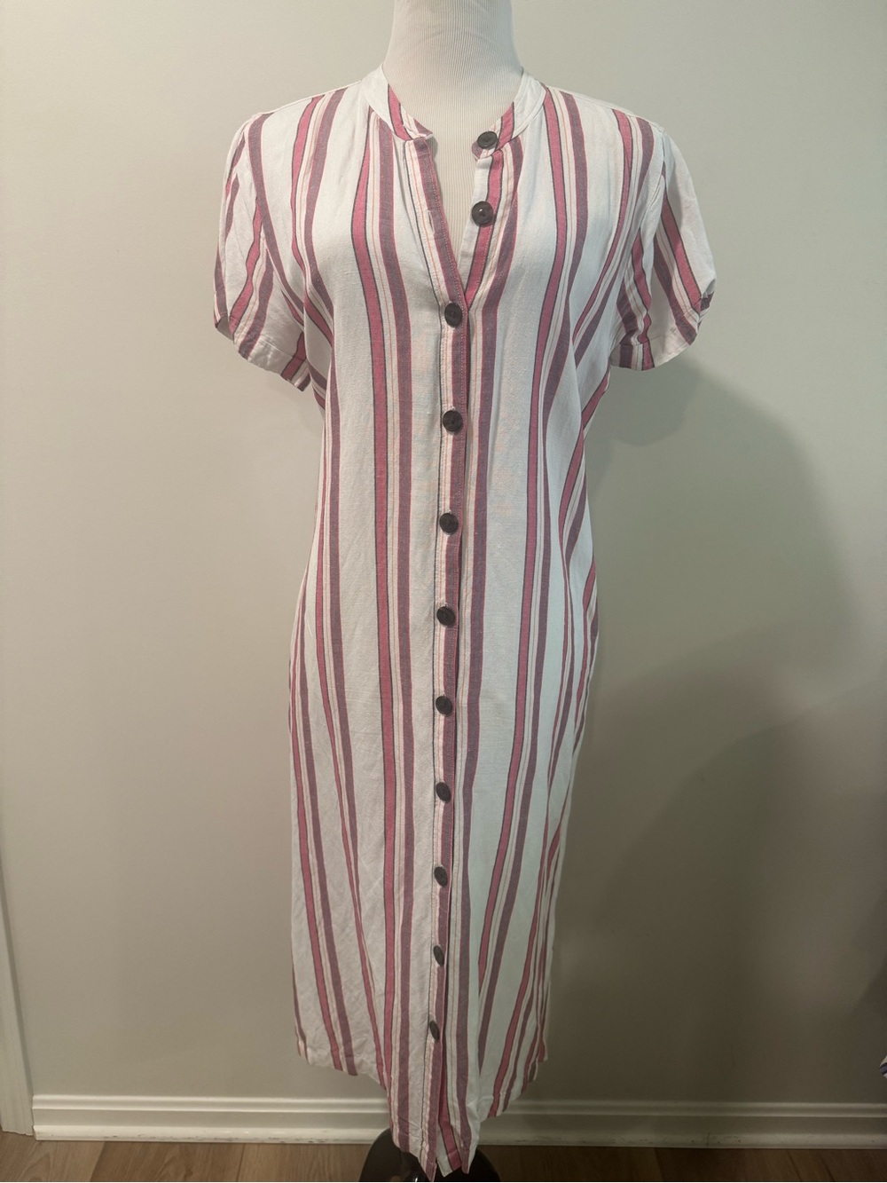 LOFT White and Mauve Vertical-Stripe Button Midi Dress